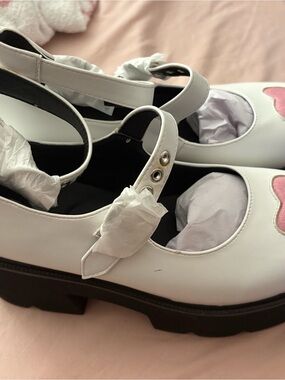 White Mary Jane Platform Shoes with Pink Heart Accent